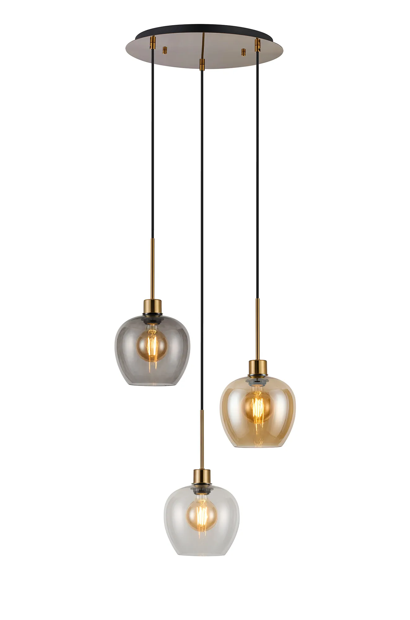 DK1184  Lori 40cm Round Pendant, 3 Light Adjustable E27, Antique Gold/Amber/Clear/Smoke Wine Shades